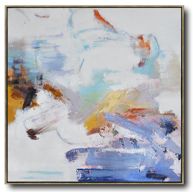 Oversized Abstract Oil Painting,Large Oil Canvas Art,White,Blue,Gray,Yellow